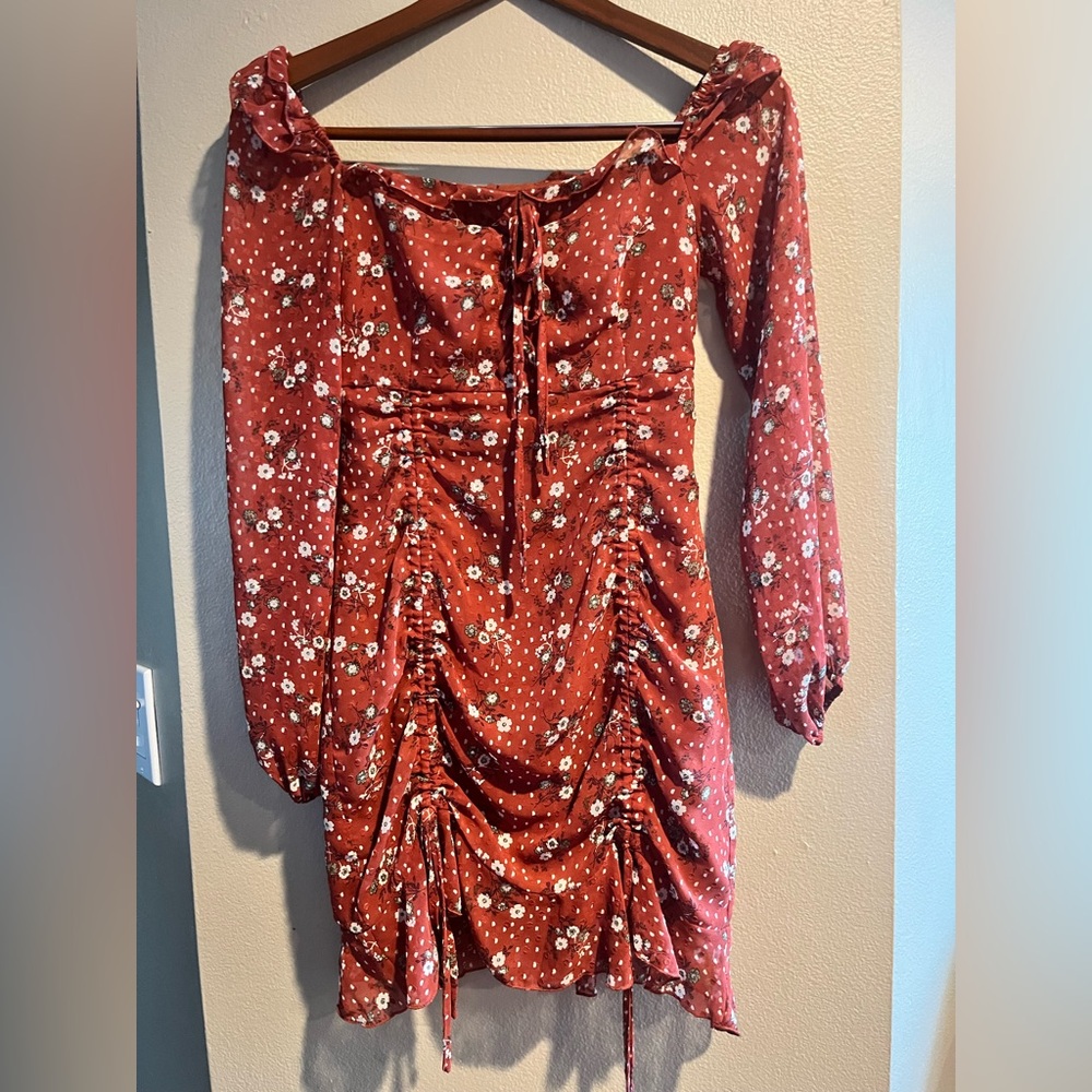Peasant Dress Sz XS Floral Ruched drawstrings mini long sleeve